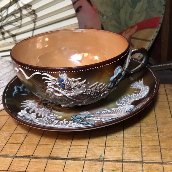 Dragonware Lusterware Dragon Moriage Large Cup Saucer Set EAC Beige w Box - Picture 1 of 17